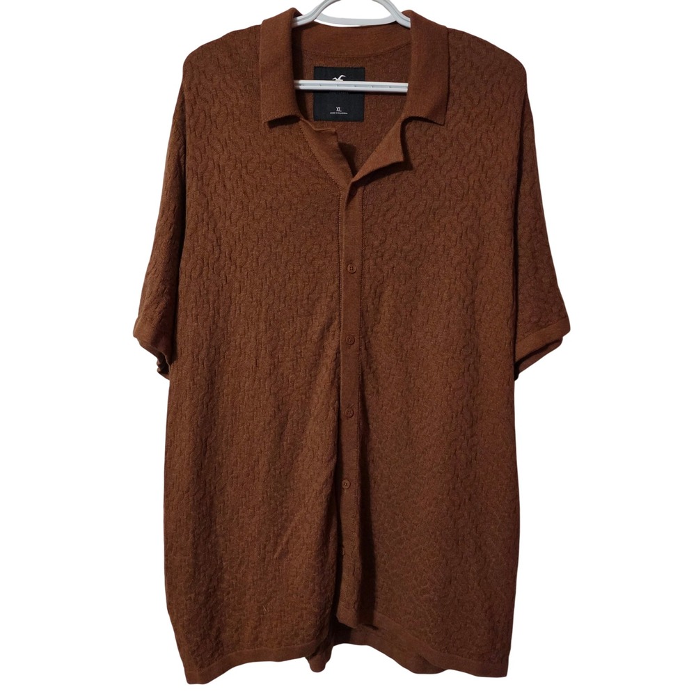 Hollister Men XL Knit Button Down Shirt Brown Textured Short Sleeve Resort Retro